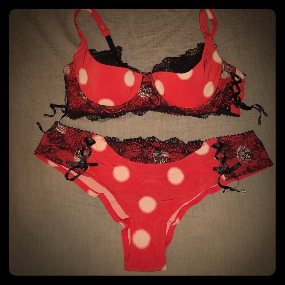 Red Polka Dot and Black Lace Bra and Panty Set